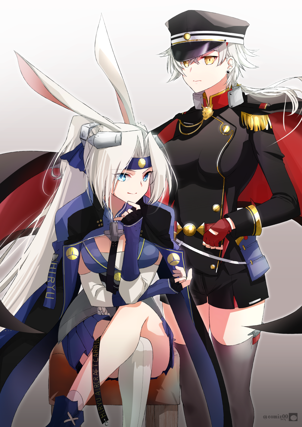 2girls aiguillette animal_ears arm_warmers azur_lane black_dress black_headwear blue_eyes blue_headband cape character_name closed_mouth commission crossed_legs dress gradient_background hand_on_own_chin hat headband high_ponytail highres hiryuu_(azur_lane) hiryuu_(retrofit)_(azur_lane) kimura_shiki kinu_(azur_lane) kinu_(retrofit)_(azur_lane) long_hair looking_at_viewer low_ponytail military_uniform multiple_girls peaked_cap pixiv_commission rabbit_ears red_cape simple_background sitting smile twitter_username uniform white_hair yellow_eyes