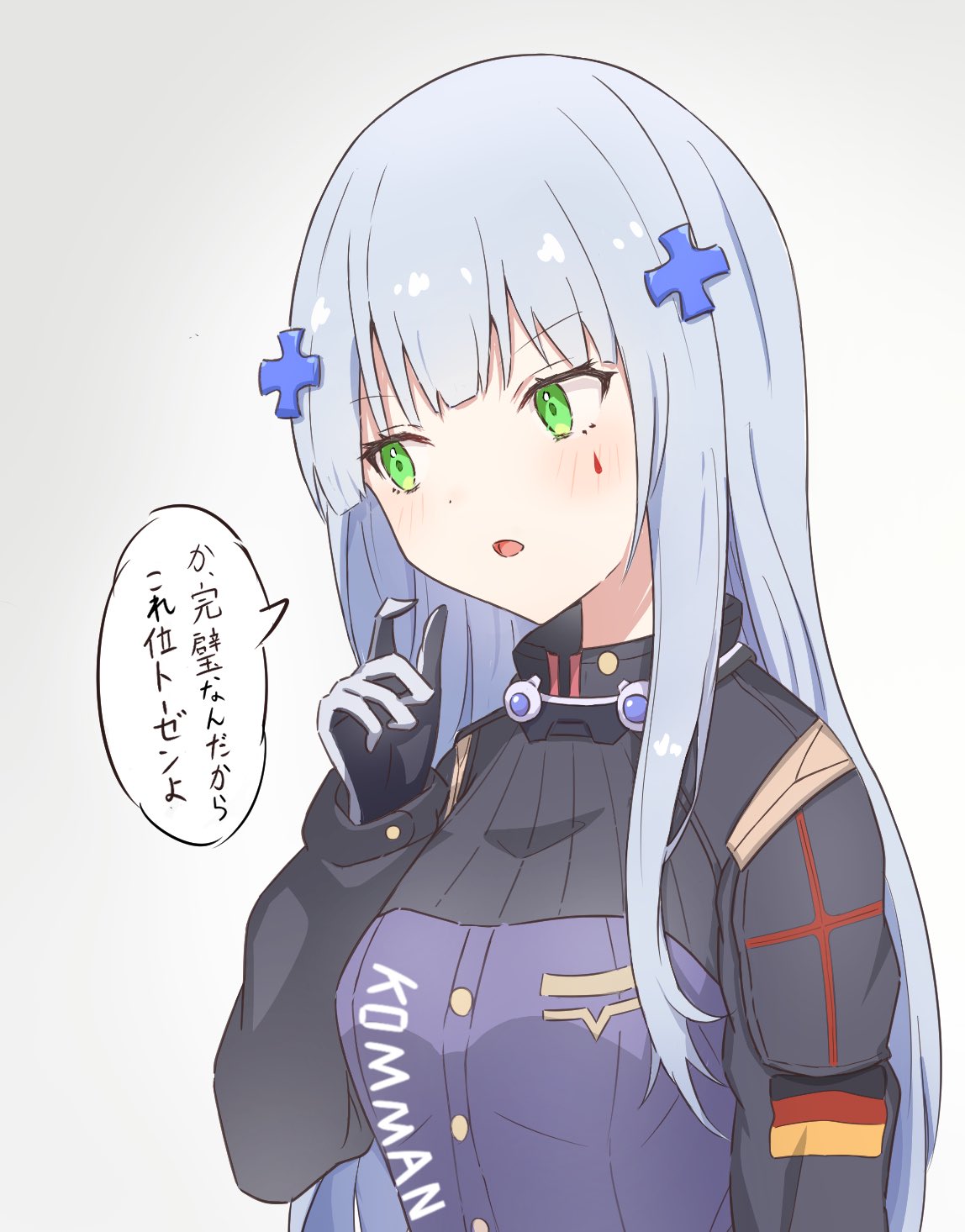 1girl black_jacket blush breasts facial_mark german_flag girls'_frontline green_eyes grey_background grey_hair hair_ornament hand_up highres hk416_(girls'_frontline) inofuchi jacket long_hair looking_to_the_side medium_breasts parted_lips simple_background solo translation_request upper_body very_long_hair