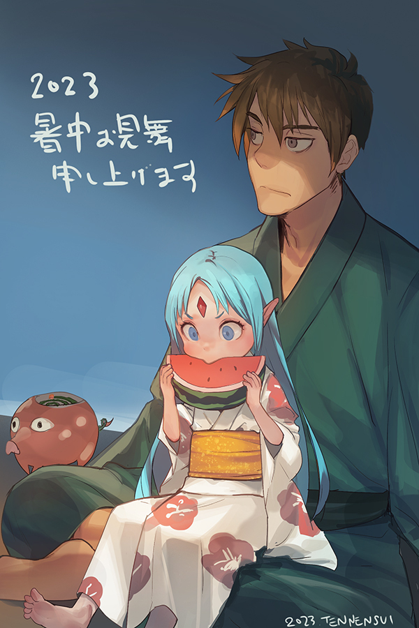 1boy 1girl 2023 barefoot blue_eyes blue_hair brown_eyes brown_hair child eating father_and_daughter feet floral_print food forehead forehead_jewel fruit green_kimono incense_burner japanese_clothes kimono long_hair obi official_art pointy_ears print_kimono rance rance_(series) reset_kalar sash shaded_face short_hair sitting sitting_on_lap sitting_on_person soles tennnensui toes watermelon white_kimono