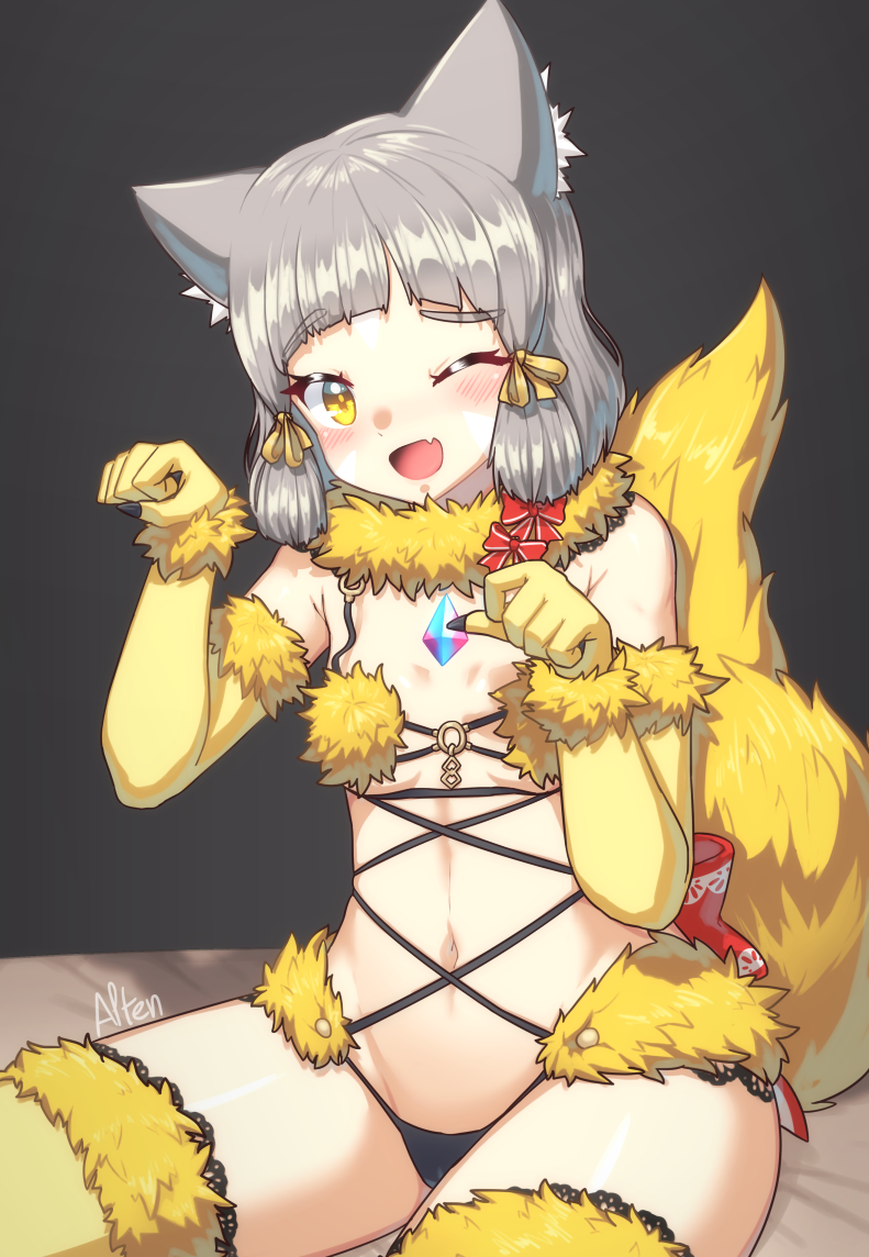 1girl ;d alten alternate_color alternate_costume animal_ears arched_bangs blunt_bangs blush breasts cameltoe cat_ears cosplay elbow_gloves facial_mark fang fate/grand_order fate_(series) flat_chest fur-trimmed_thighhighs fur_bikini fur_collar fur_trim gloves grey_hair looking_at_viewer mash_kyrielight mash_kyrielight_(cosplay) mash_kyrielight_(dangerous_beast) mash_kyrielight_(dangerous_beast)_(cosplay) navel nia_(xenoblade) one_eye_closed open_mouth paw_pose ribbon short_hair skin_fang small_breasts smile solo spoilers stomach tail thighhighs wolf_tail xenoblade_chronicles_(series) xenoblade_chronicles_2 yellow_eyes yellow_gloves yellow_tail yellow_thighhighs