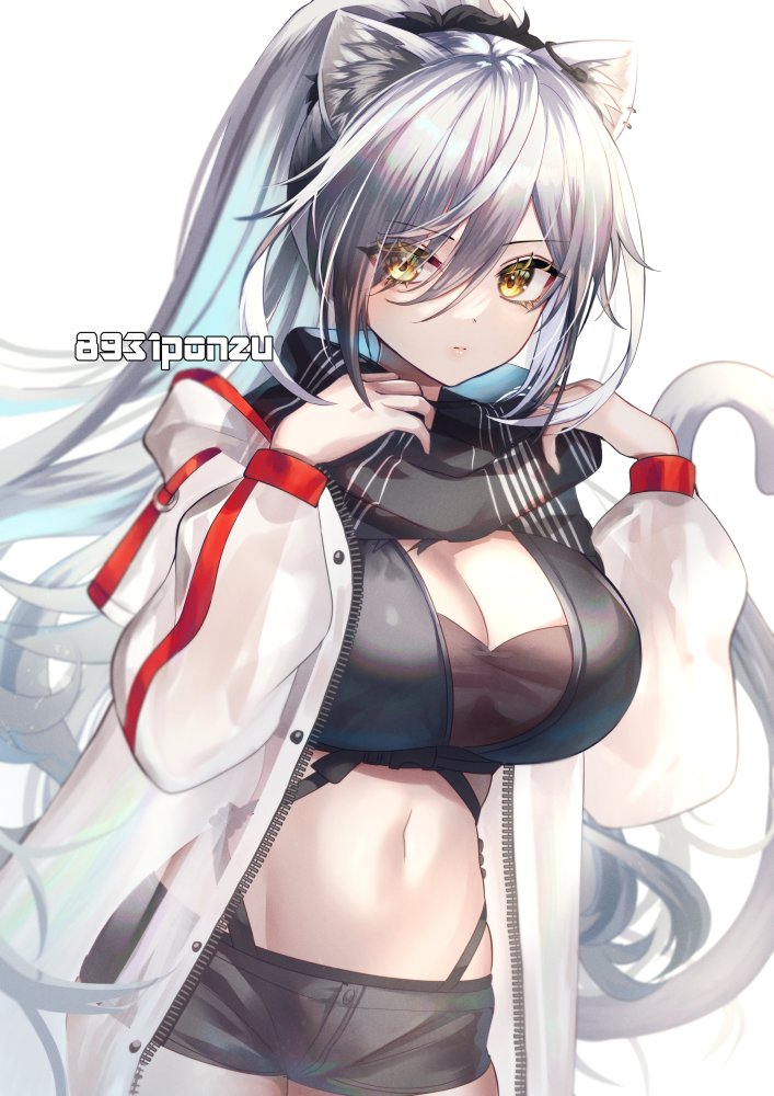 1girl animal_ears arknights black_shirt black_shorts breasts cat_ears cat_girl cat_tail cleavage coat cowboy_shot crop_top hakusai_ponzu hands_up large_breasts long_hair long_sleeves looking_at_viewer micro_shorts midriff navel open_clothes open_coat ponytail scarf schwarz_(arknights) see-through shirt shorts simple_background solo stomach tail very_long_hair white_background white_coat white_hair yellow_eyes