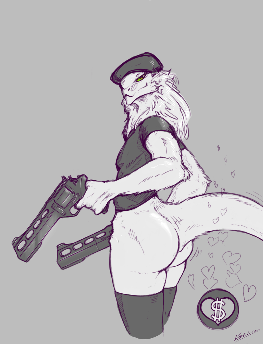 &lt;3 5_fingers alien anthro beret big_butt bottomless butt clothed clothing currency_symbol da'kar dollar_sign dual_wielding fingers fur furred_reptilian green_eyes green_sclera gun handgun hat headgear headwear hi_res holding_gun holding_handgun holding_object holding_revolver holding_weapon i_need_more_bullets legwear lidded_eyes looking_at_viewer looking_back looking_back_at_viewer male mane narrowed_eyes operation_snow_eagle presenting presenting_hindquarters raised_tail ranged_weapon rear_view reptile revolver scalie shirt smile snout solo spot_color symbol tail thigh_highs topwear vastlam weapon youtuber