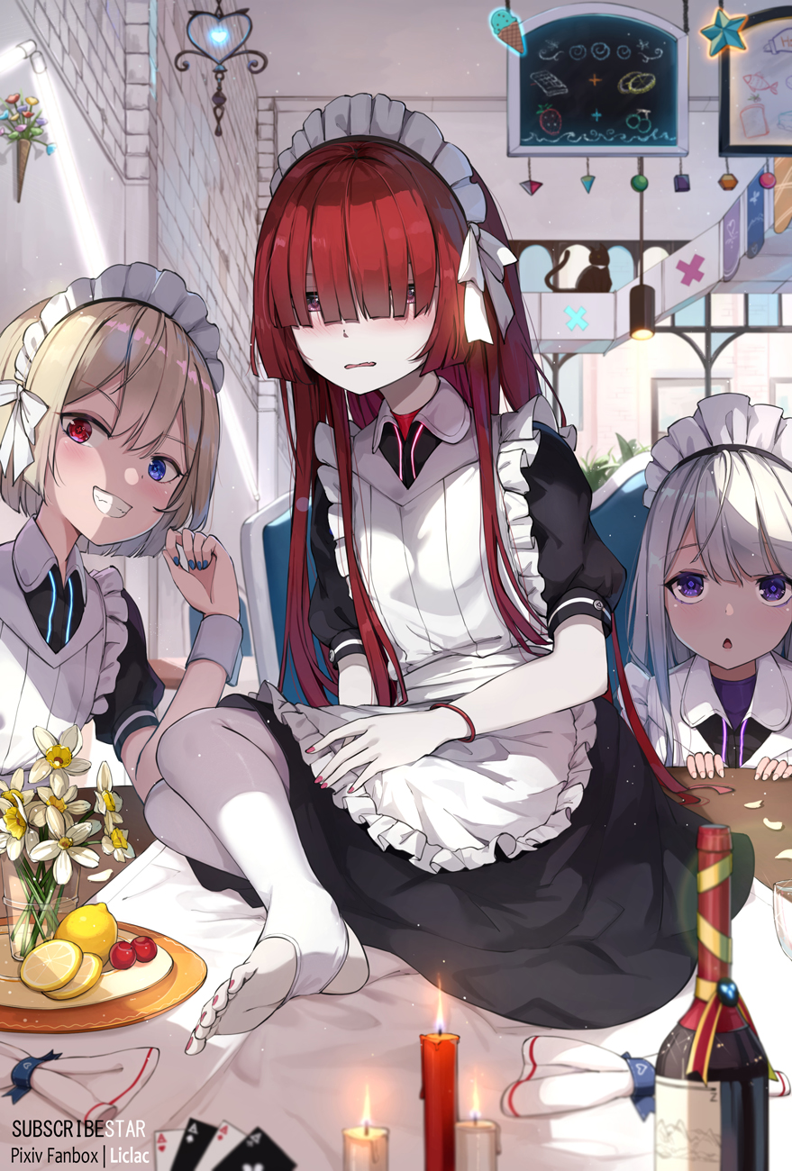 3girls apron black_dress blue_eyes bottle candle commentary_request dress fire flower food frilled_apron frills fruit grey_hair grin hair_between_eyes hair_over_eyes heterochromia highres indoors lemon liclac light_brown_hair maid maid_apron maid_headdress multiple_girls nail_polish no_shoes original pale_skin pantyhose parted_lips puffy_short_sleeves puffy_sleeves purple_eyes purple_nails red_eyes red_hair short_sleeves smile soles stirrup_legwear toeless_legwear wavy_mouth white_apron white_flower white_pantyhose