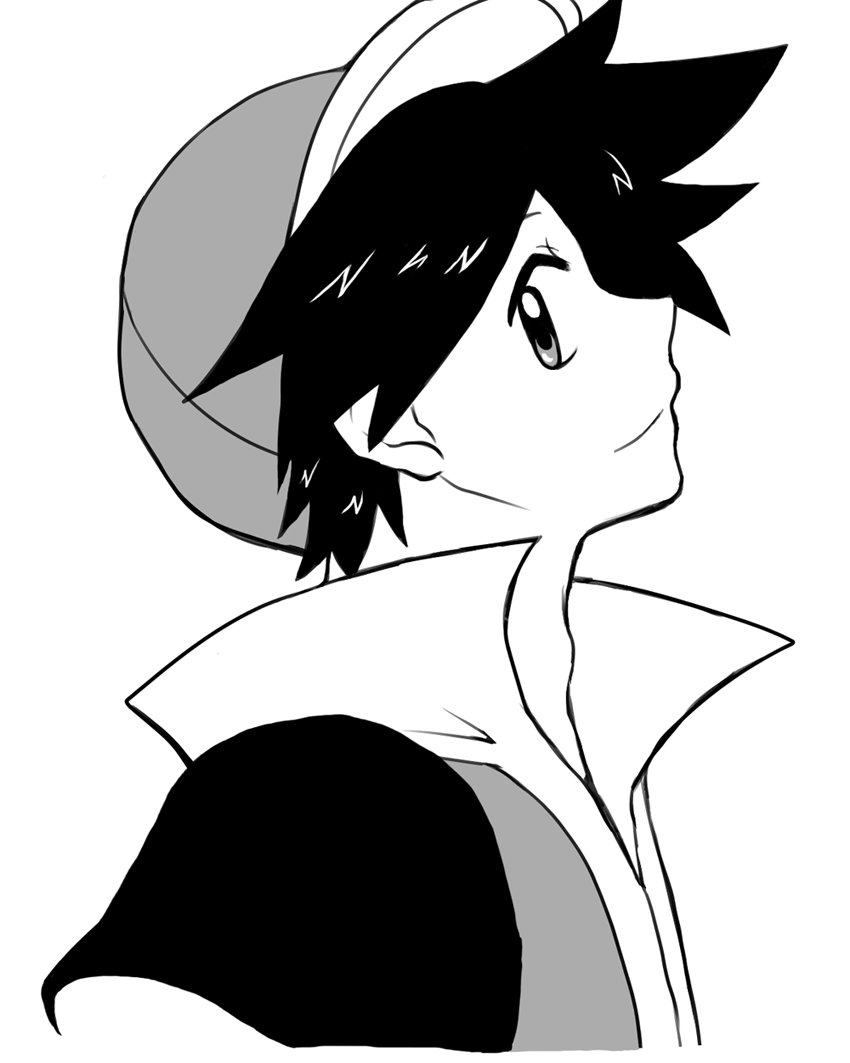 1boy black_hair hat looking_back male_focus mizushima_(kazami4) monochrome nintendo pokemon pokemon_(game) pokemon_adventures pokemon_frlg pokemon_rgby red_(pokemon) shirt short_hair sketch smile solo spiked_hair white_background