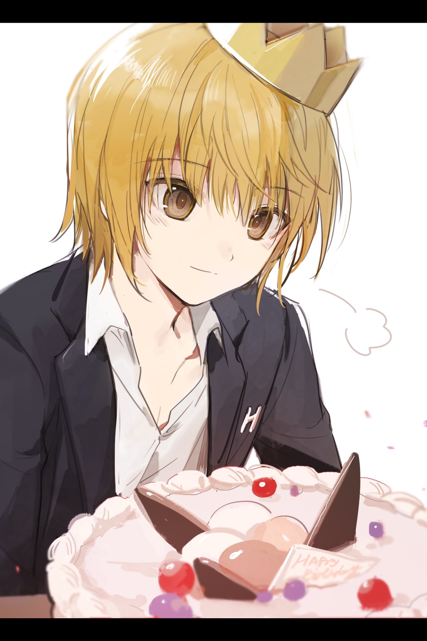 1boy =3 androgynous birthday_cake black_jacket brown_eyes cake closed_mouth collared_shirt crown food happy_birthday highres hunter_x_hunter jacket kiko kurapika letterboxed light_brown_hair male_focus shirt simple_background solo tilted_headwear upper_body white_background white_shirt