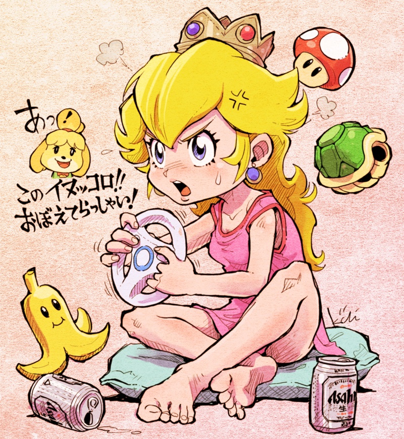 2girls anger_vein animal_crossing annoyed asahi_breweries banana_peel barefoot beer_can blonde_hair blue_eyes can controller crossed_legs crown dress earrings feet gem isabelle_(animal_crossing) jewelry kiichi long_hair mario_(series) mario_kart multiple_girls mushroom open_mouth pillow pink_dress playing_games princess_peach short_dress sitting sleeveless sleeveless_dress soles steering_wheel thighs toes translation_request turtle_shell