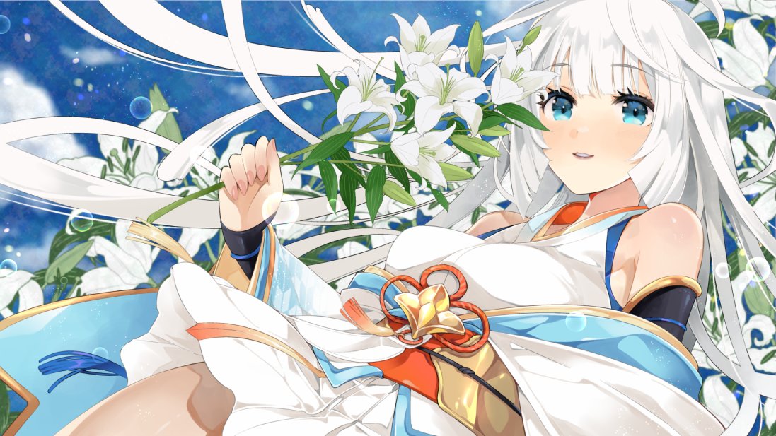 1girl ayakashi_rumble! bare_shoulders fingernails flower holding holding_flower japanese_clothes kimono kinoshita_sakura long_hair nagi_(ayakashi_rumble!) obi sash short_kimono smile solo very_long_hair white_flower white_hair wind wind_lift