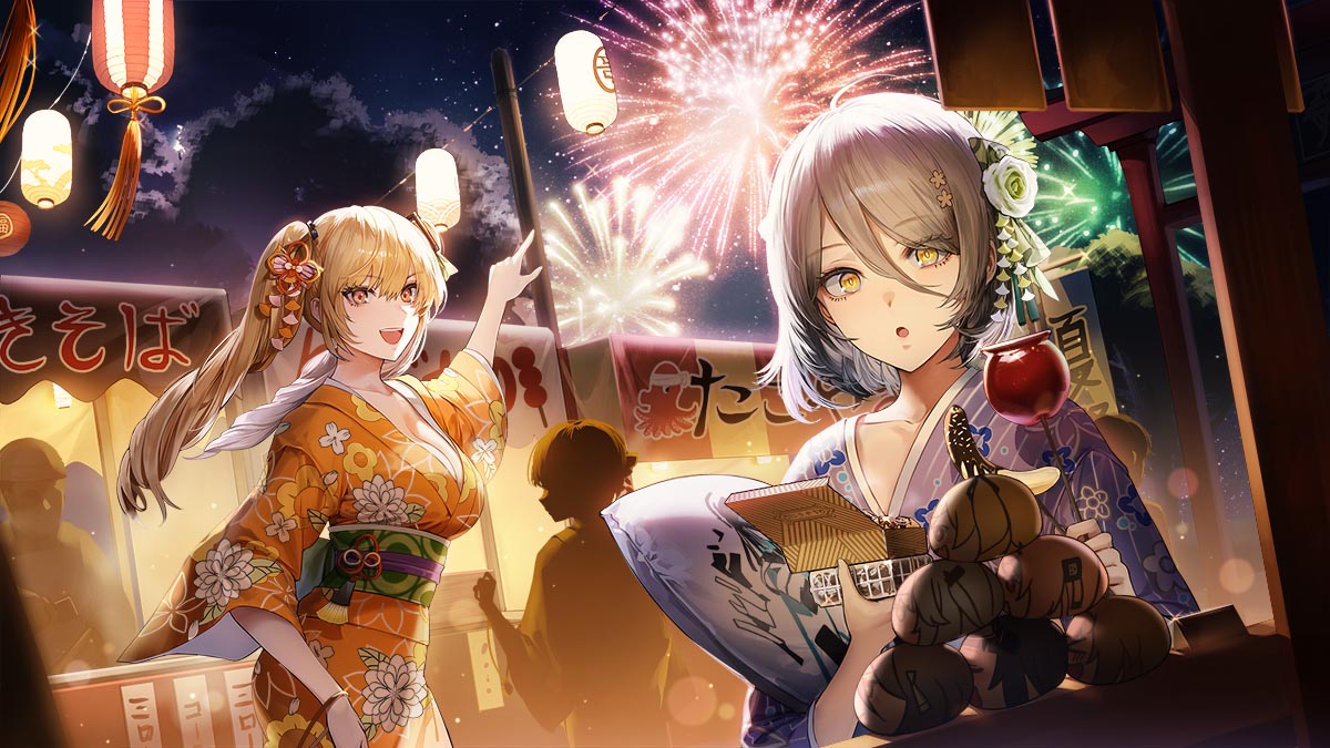 acacia_(snowbreak) aerial_fireworks blonde_hair candy_apple chocolate_banana fenny_golden festival fireworks food food_stand grey_hair hair_ornament japanese_clothes kim_eb kimono lantern market_stall night night_sky obi open_mouth orange_kimono purple_kimono sash sky snowbreak:_containment_zone summer_festival takoyaki yellow_eyes yukata