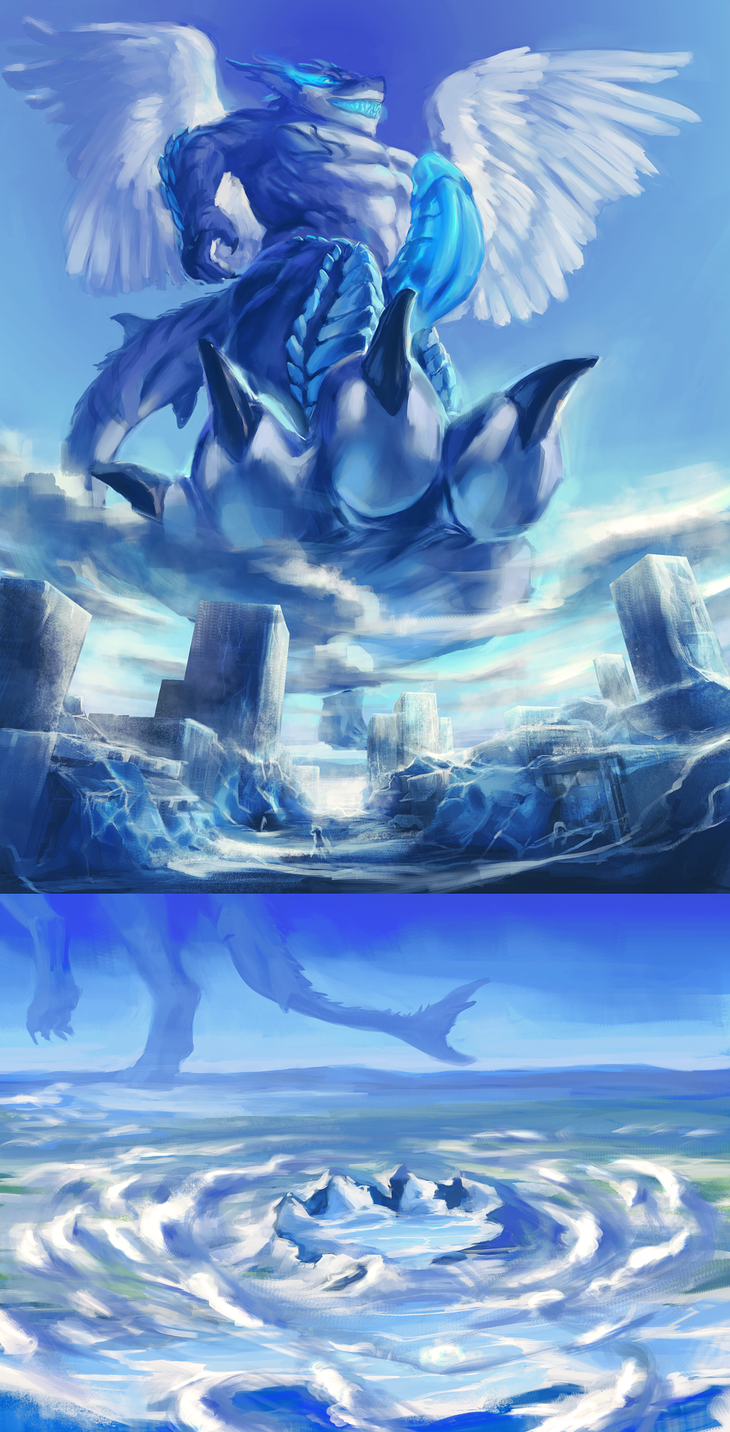 abs anthro big_penis city dragon elkaart erection genitals glowing glowing_eyes hi_res ice landscape_dwarfing low-angle_view macro male muscular muscular_anthro muscular_male nude penis solo stomping wings