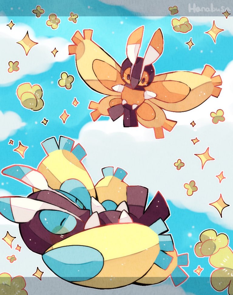 alternate_color animal_focus artist_name blue_eyes blue_sky bug closed_eyes cloud flying hanabusaoekaki letterboxed moth mothim no_humans orange_eyes pokemon pokemon_(creature) shiny_pokemon sky sparkle wings