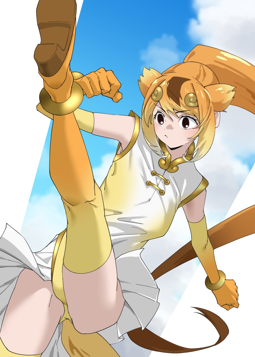 1girl animal_ears anklet blonde_hair blue_sky blush bracelet brown_eyes brown_hair circlet clenched_hands cloud elbow_gloves frilled_leotard frills gloves gold_trim golden_snub-nosed_monkey_(kemono_friends) gradient_gloves gradient_legwear gradient_leotard hair_between_eyes highres jewelry kemono_friends kicking leotard long_hair monkey_ears monkey_girl monkey_tail multicolored_hair orange_gloves orange_hair orange_thighhighs ponytail sidelocks sky solo tail tanabe_(fueisei) thighhighs two-tone_gloves two-tone_leotard two-tone_thighhighs white_leotard yellow_gloves yellow_leotard yellow_thighhighs