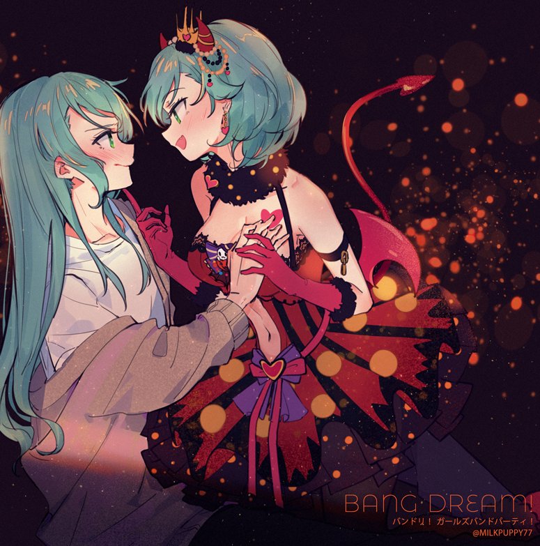 aqua_hair bang_dream! blush bow brown_cardigan cardigan clothing_cutout copyright_name crown demon_costume dress earrings fake_horns fake_tail frilled_dress frills gloves grabbing grabbing_another's_breast green_eyes guided_breast_grab guiding_hand hand_on_another's_chin heart heart_earrings hikawa_hina hikawa_sayo horns imminent_kiss incest jewelry long_hair looking_at_another medium_hair milk_puppy mini_crown naughty_face navel_cutout open_mouth purple_bow red_dress red_gloves shirt siblings sisters smile tail twincest twins twitter_username waist_bow white_shirt yuri