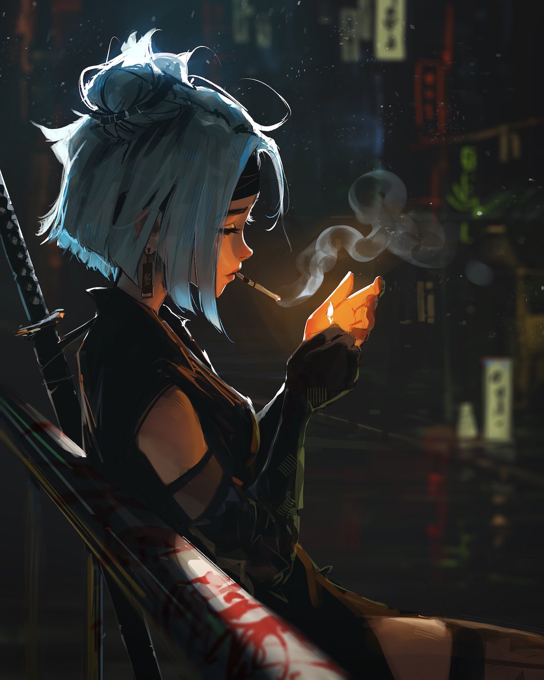1girl black_gloves black_headwear black_thighhighs blurry blurry_background bob_cut cigarette cityscape commentary earrings elbow_gloves english_commentary gloves hair_bun hands_up headband highres inverted_bob jewelry katana light_particles matches medium_hair night original outdoors profile sam_yang sidelocks single_glove smoking solo sword sword_on_back thighhighs upper_body weapon weapon_on_back white_hair