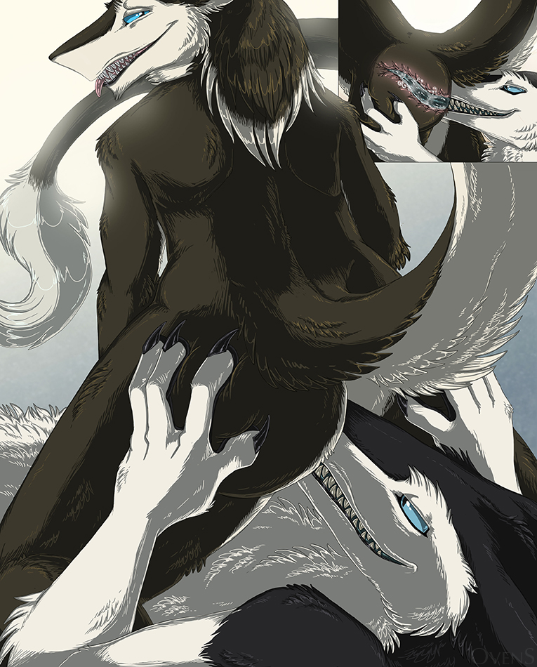 anal anthro anus black_body black_fur bran_the_sergal butt deep_rimming duo facesitting fur hand_on_butt internal male male/male oral ovens rimming sergal sex sitting_on_another tail tongue white_body white_fur zeon_(plague-angel)