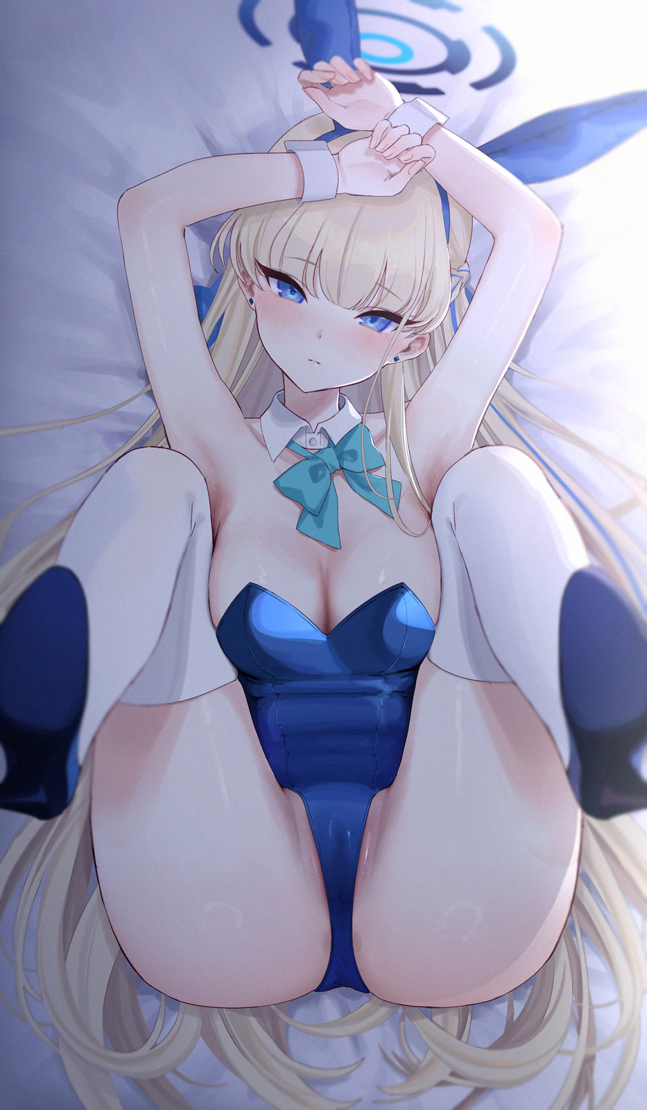 1girl animal_ears anus anus_peek aqua_bow aqua_bowtie armpits bare_arms bare_shoulders blonde_hair blue_archive blue_eyes blue_footwear blue_hairband blue_leotard blush bow bowtie breasts cleavage closed_mouth commentary_request detached_collar fake_animal_ears hair_ornament hairband highres large_breasts leotard long_hair lying mirei on_back partially_visible_vulva playboy_bunny rabbit_ears solo thighhighs thighs toki_(blue_archive) toki_(bunny)_(blue_archive) white_thighhighs wrist_cuffs