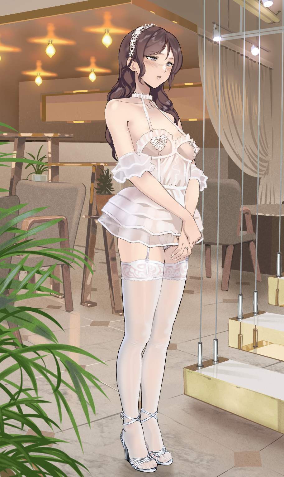 1girl blush breasts brown_hair collarbone commentary_request full_body garter_belt high_heels highres indoors lingerie long_hair mature_female medium_breasts panties parted_lips scenery solo standing tagme thighhighs underwear white_panties white_thighhighs yewang19