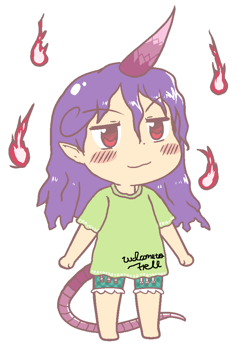 1girl anonymous_(japanese) barefoot blush closed_mouth clothes_writing full_body green_shirt green_shorts gyate_gyate horns jaggy_lines long_hair pointy_ears purple_hair red_eyes red_horns shirt short_sleeves shorts single_horn solo tail tenkajin_chiyari touhou transparent_background unfinished_dream_of_all_living_ghost