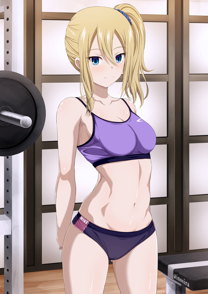 1girl arms_behind_back bench blonde_hair blue_eyes brand_name_imitation breasts buruma closed_mouth collarbone commentary_request hayasaka_ai high_side_ponytail indoors inoshira kaguya-sama_wa_kokurasetai_~tensai-tachi_no_renai_zunousen~ medium_breasts medium_hair navel nike purple_buruma purple_sports_bra side_ponytail sidelocks smile solo sports_bra sportswear stomach thighs weights