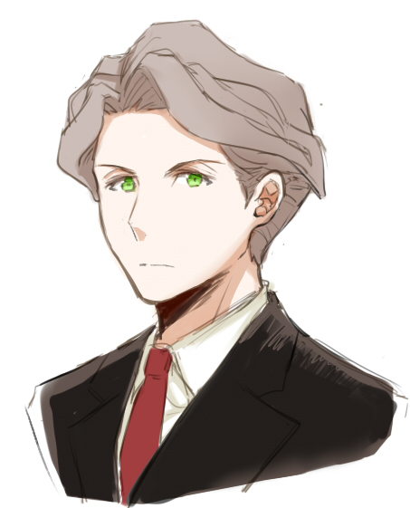 andrew_hanbridge black_jacket brown_hair closed_mouth collared_shirt green_eyes hair_intakes jacket lapels little_witch_academia necktie notched_lapels red_necktie rmy-nh shirt simple_background split_mouth white_background yellow_shirt