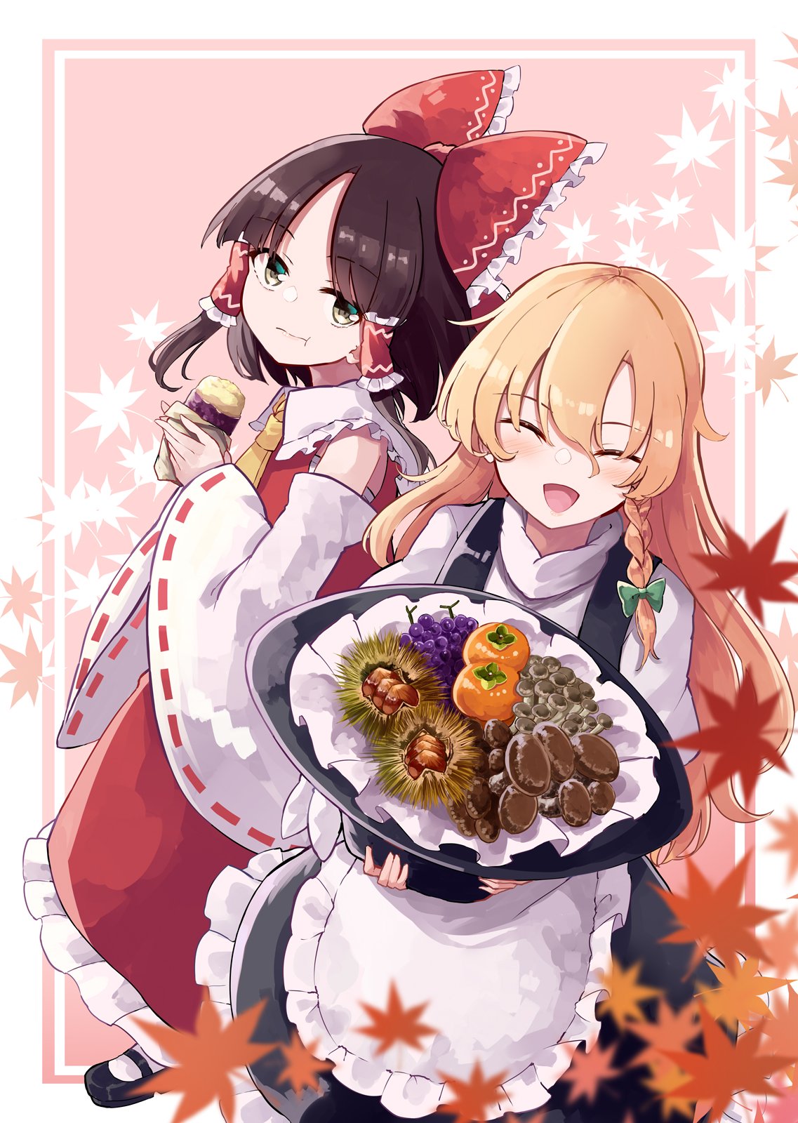 2girls apron ascot blonde_hair blush bow braid brown_eyes brown_hair closed_eyes closed_mouth deetamu detached_sleeves eating food frilled_apron frilled_skirt frills hair_bow hair_tubes hakurei_reimu highres holding holding_food japanese_clothes kirisame_marisa long_hair multiple_girls nontraditional_miko open_mouth red_bow red_skirt ribbon-trimmed_sleeves ribbon_trim shirt sidelocks single_braid skirt smile sweet_potato touhou waist_apron white_apron white_shirt white_sleeves wide_sleeves yellow_ascot