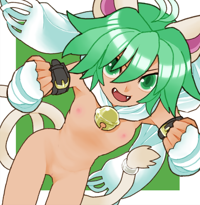 1girl :d animal_ears antenna_hair bell beryl_(shinrabanshou) cat_ears cat_girl cat_tail fangs green_eyes green_hair hair_between_eyes jingle_bell nipples pussy scarf shinrabanshou short_hair sicky_(pit-bull) smile solo tail tail_ornament tail_ring white_scarf