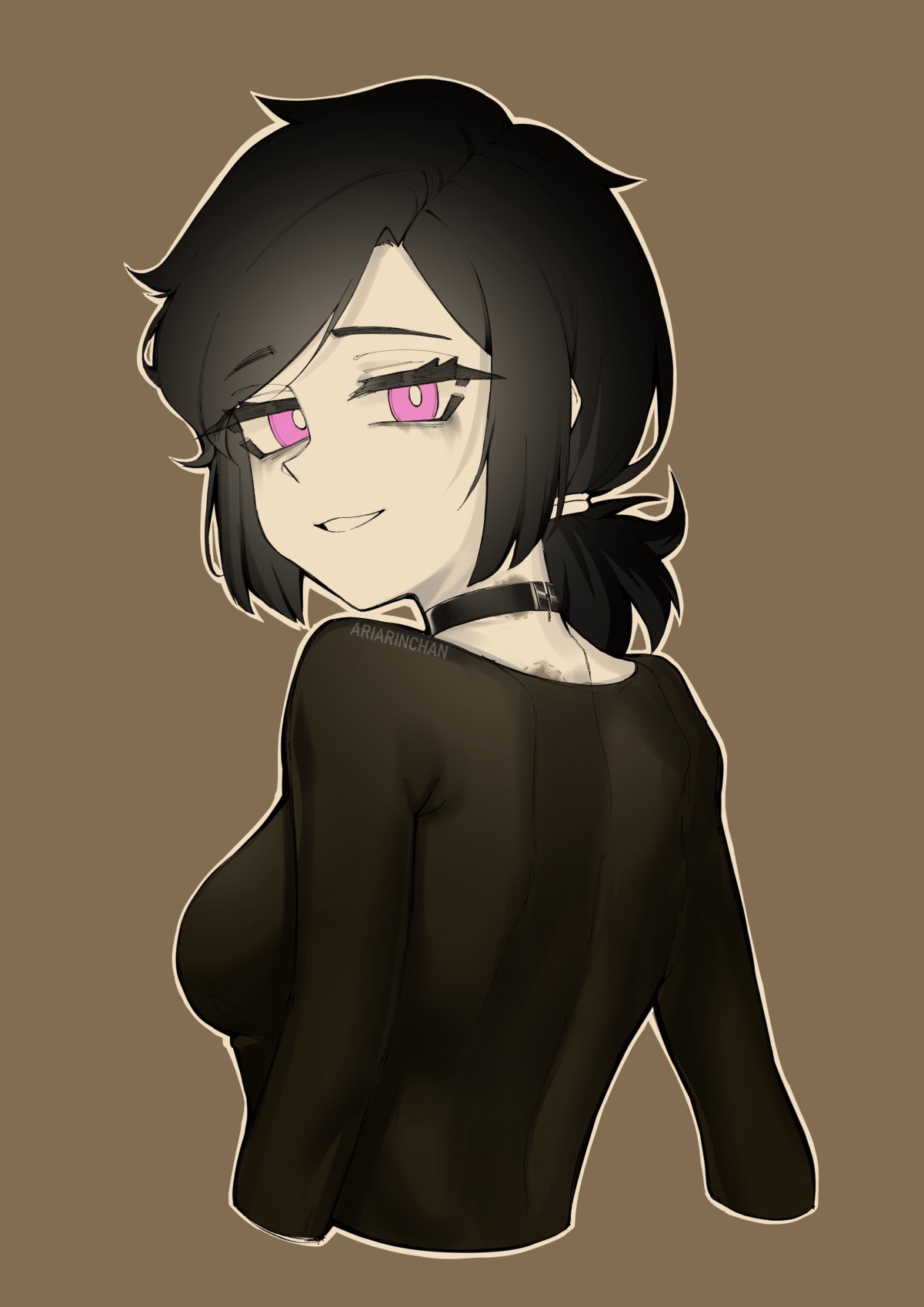 1girl aria_rin_(artist) artist_name ashley_graves back black_hair border breasts bright_pupils brown_background choker cropped_torso from_behind grin highres looking_at_viewer looking_back medium_breasts medium_hair monochrome nape pink_eyes ponytail purple_eyes scar shirt smile solo swept_bangs the_coffin_of_andy_and_leyley tight_clothes tight_shirt upper_body white_border