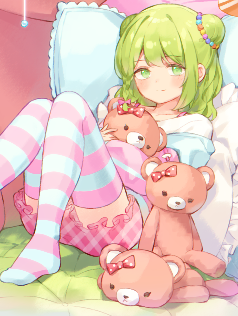 1girl bed bow braid closed_mouth double_bun foot_out_of_frame frills green_eyes green_hair hair_bow hair_bun hair_ornament highres holding holding_stuffed_toy indoors kanase_(mcbrwn18) long_sleeves looking_at_viewer medium_hair morinaka_kazaki nijisanji no_shoes object_hug on_bed pillow pink_bow pink_shorts pink_thighhighs polka_dot polka_dot_bow shirt shorts sitting smile solo striped striped_thighhighs stuffed_animal stuffed_toy teddy_bear thighhighs white_shirt white_thighhighs