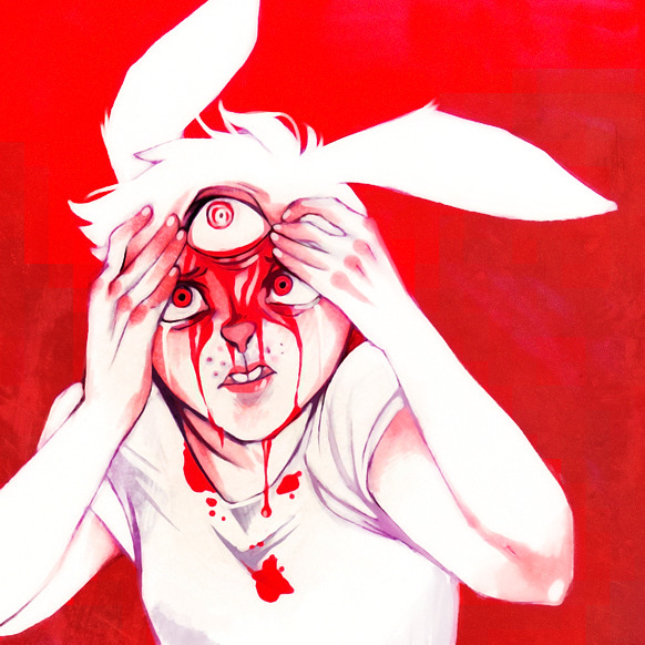 2013 3_eyes 5_fingers anthro blood blood_drip blood_on_clothing blood_on_face bodily_fluids bottleshark buckteeth clothed clothing female fingernails fingers frown fur gore hair humanoid_hands lagomorph leporid lips long_ears mammal multi_eye nails rabbit red_background red_eyes ruby_(rq) ruby_quest shirt simple_background solo t-shirt teeth topwear touching_face white_body white_clothing white_fur white_hair white_shirt white_topwear