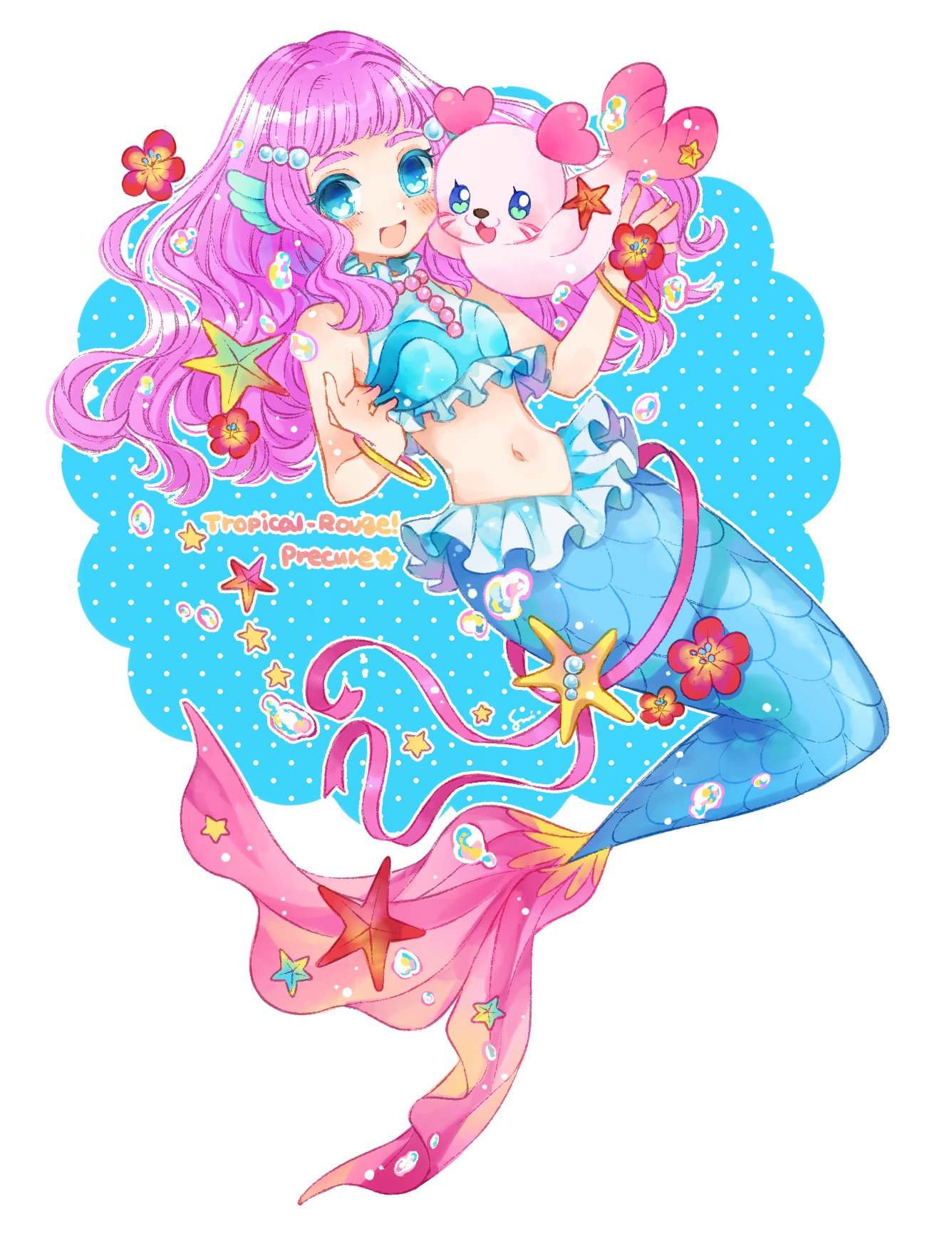 1girl blue_eyes bracelet copyright_name full_body head_fins highres jewelry kururun_(precure) laura_la_mer long_hair mermaid midriff monster_girl pearl_hair_ornament pink_hair precure short_bangs solo sumisu_(rinsumi) thick_eyelashes tropical-rouge!_precure