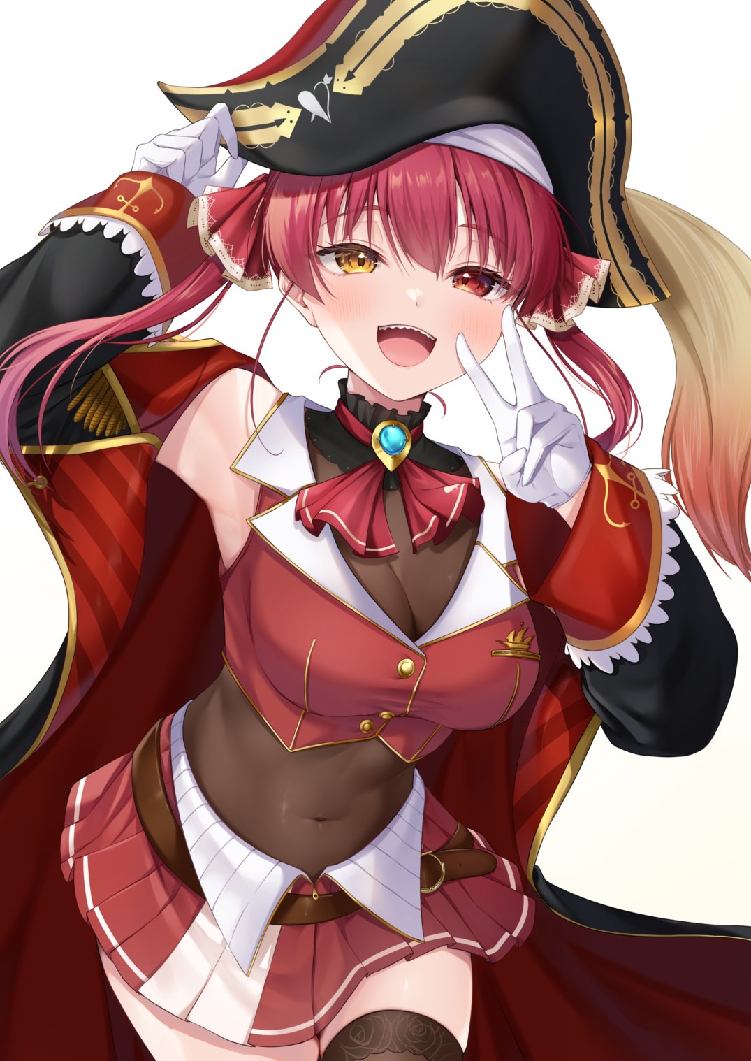 1girl :d ascot bicorne black_coat black_headwear breasts brooch buttons coat commentary covered_navel cropped_jacket frilled_shirt_collar frills gloves gold_trim hair_ribbon hand_on_headwear hand_up hat heterochromia highres hololive houshou_marine jacket jewelry lace-trimmed_legwear lace-trimmed_thighhighs lace_trim lapels large_breasts leather_belt leotard leotard_under_clothes long_hair looking_at_viewer miniskirt nagura_shiro notched_lapels off_shoulder open_mouth pirate pirate_hat pleated_skirt red_ascot red_eyes red_hair red_jacket red_ribbon red_skirt ribbon see-through see-through_cleavage see-through_leotard see-through_midriff sharp_teeth skirt sleeveless sleeveless_jacket smile solo symbol-only_commentary teeth twintails upper_teeth_only v virtual_youtuber white_gloves yellow_eyes