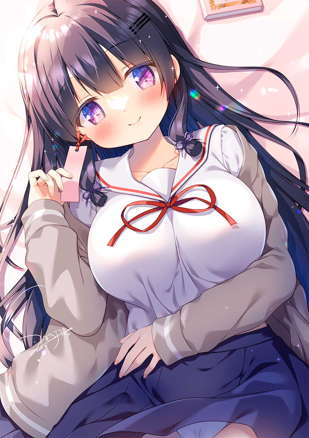 1girl bed_sheet black_hair blue_skirt blush book bookmark breasts closed_mouth collarbone commentary_request grey_jacket hair_between_eyes hand_up highres holding jacket large_breasts long_sleeves lying neck_ribbon off_shoulder on_back open_clothes open_jacket original panties puffy_long_sleeves puffy_sleeves purple_eyes red_ribbon ribbon sailor_collar sasai_saji school_uniform serafuku shirt signature skirt sleeves_past_wrists smile solo underwear white_panties white_sailor_collar white_shirt