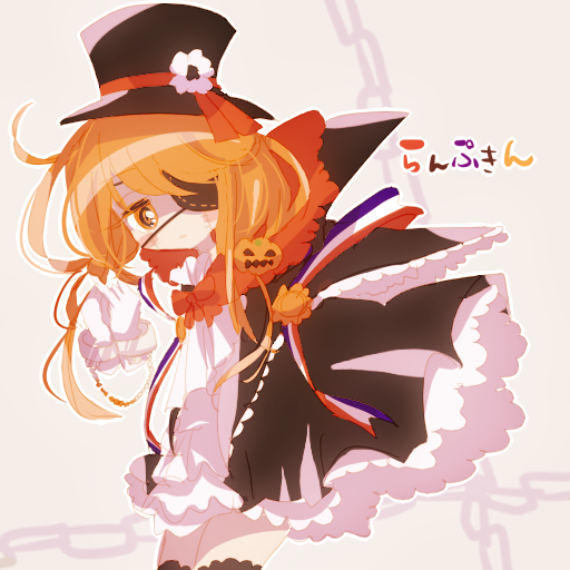 1boy black_headwear black_jacket blush_stickers character_name commentary_request disembodied_limb food-themed_hair_ornament gloves hair_ornament hat hat_ribbon jacket kirby_(series) long_hair male_focus neck_ribbon no_nose open_clothes open_jacket orange_eyes orange_hair otoko_no_ko parted_lips personification pumpkin_hair_ornament red_ribbon ribbon solo squashini stitches translation_request usagi_nui white_gloves