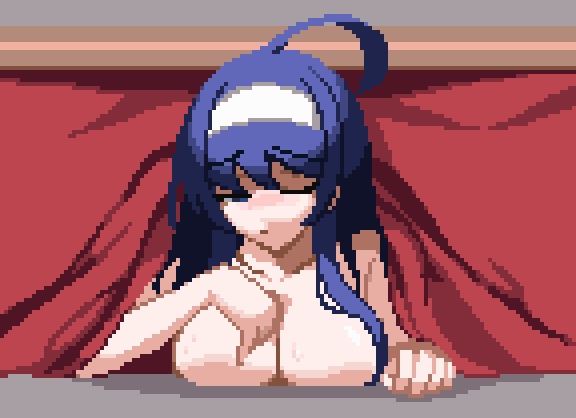 1girl ahoge anothernullacc blue_eyes blue_hair blush breasts closed_mouth completely_nude hair_between_eyes hairband huge_ahoge long_hair looking_to_the_side lying nude on_stomach one_eye_closed orie_(under_night_in-birth) pixel_art solo under_night_in-birth very_long_hair white_hairband