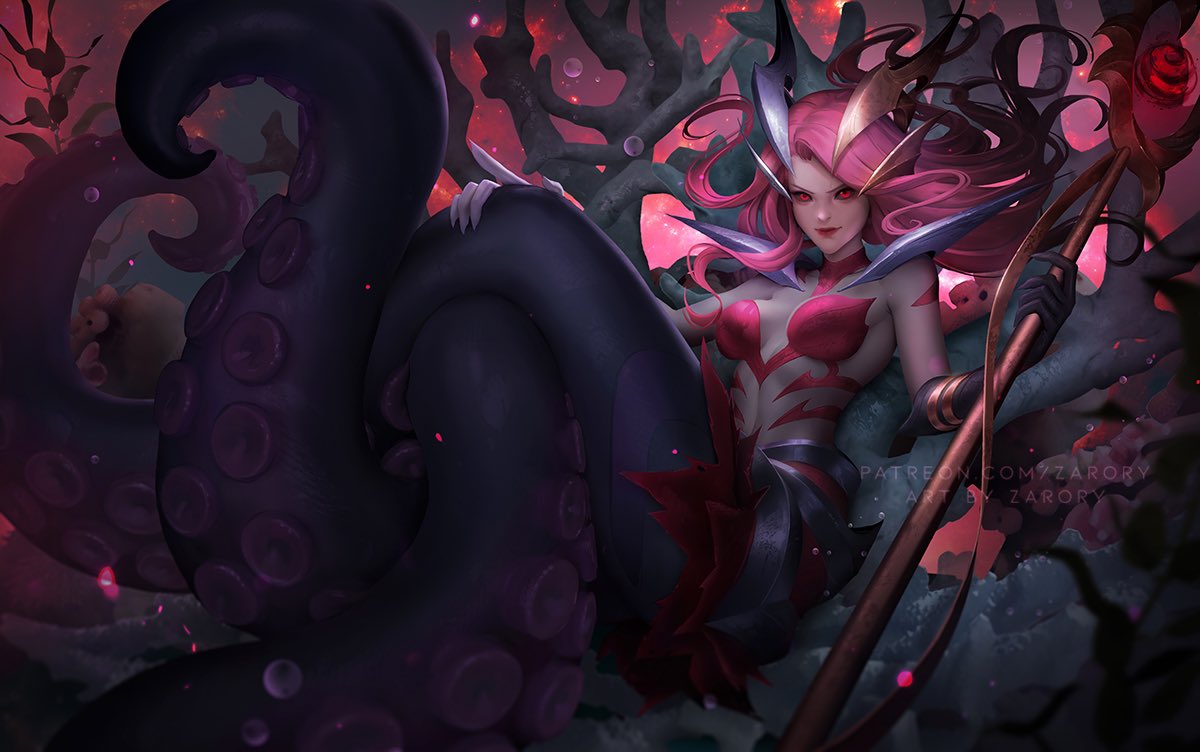 1girl bare_shoulders bikini black_gloves breasts closed_mouth coven_nami elbow_gloves gloves hair_ornament holding holding_staff large_breasts league_of_legends long_hair monster_girl nami_(league_of_legends) red_bikini red_eyes red_hair scylla smile solo staff swimsuit tentacles watermark web_address zarory