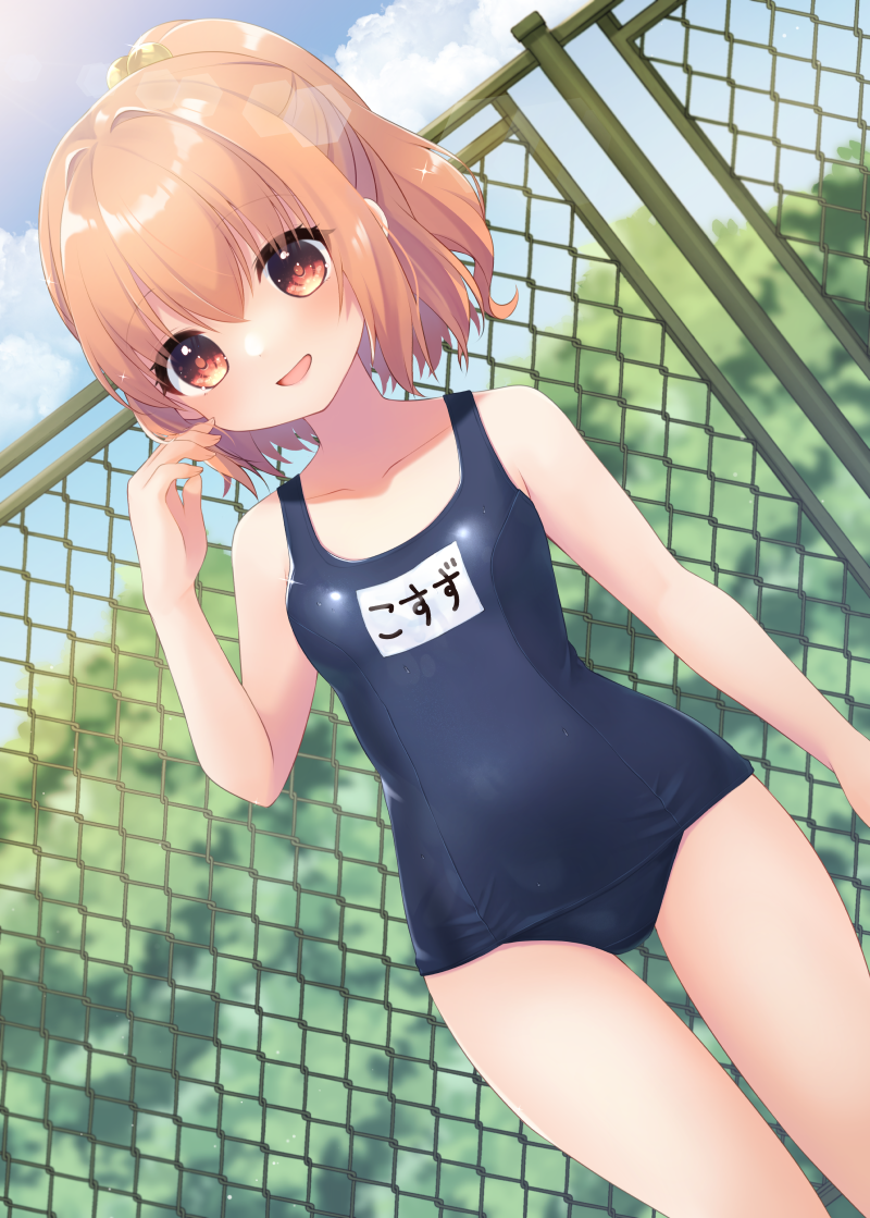 1girl arm_up bell blue_one-piece_swimsuit breasts brown_eyes brown_hair chain-link_fence cloud fence hair_bell hair_ornament jingle_bell long_hair motoori_kosuzu name_tag old_school_swimsuit one-piece_swimsuit open_mouth outdoors ponytail school_swimsuit sen1986 sky small_breasts smile solo swimsuit thigh_gap thighs touhou