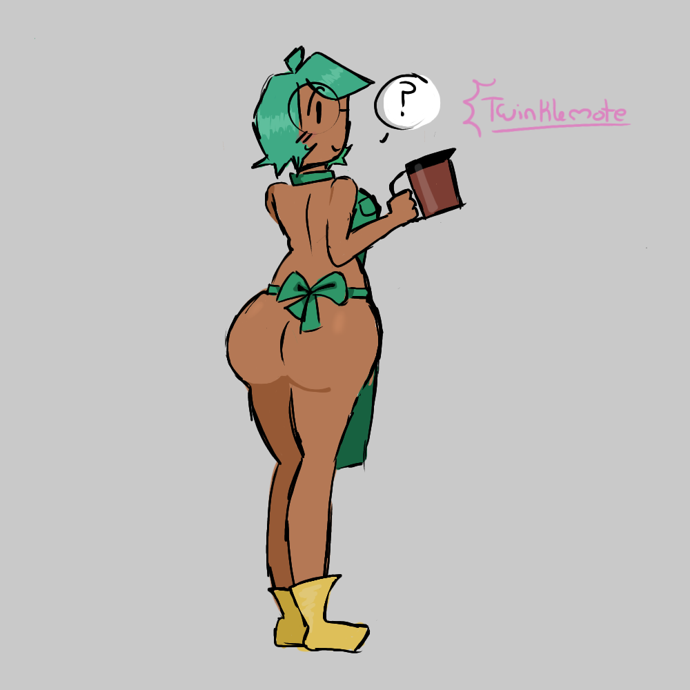 apron black_body bow_ribbon butt clothing coffee_mug female female/female green_hair green_outfit hair humanoid nude object_shows solo twinklemote