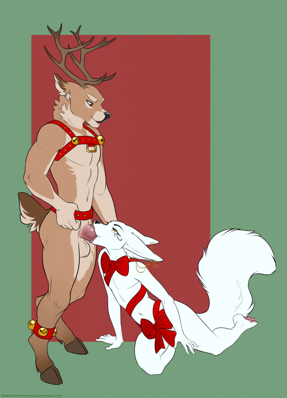 2020 anthro anthro_on_anthro antlers balls canid canine capreoline deep_throat deer demicoeur duo erection etheras fellatio fennec fox genitals hi_res hooves horn male male/male mammal mostly_nude oral oral_penetration penetration penile reindeer ribbons sex simple_background sucking tail