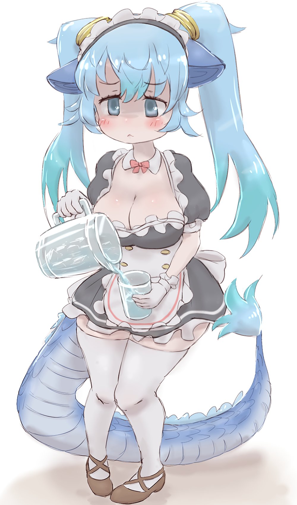 1girl :&lt; alternate_costume animal_ears apron black_dress blue_eyes blue_hair blush breasts cleavage cup detached_collar dragon_girl dragon_tail dress drinking_glass enmaided frilled_apron frills gloves hair_between_eyes highres holding_jug huge_breasts k_(susiinochi24) kemono_friends kemono_friends_3 long_hair looking_at_viewer maid maid_apron multicolored_hair pouring puffy_short_sleeves puffy_sleeves seiryuu_(kemono_friends) short_sleeves solo tail thighhighs twintails waist_apron white_apron zettai_ryouiki