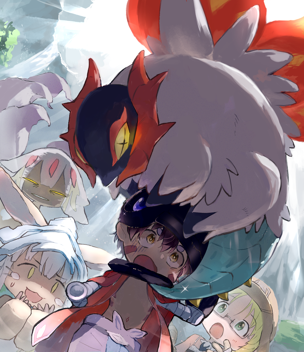 1boy 2girls 2others angry animal_ears blonde_hair blush_stickers cloak crossover faputa furry glowing glowing_eyes grey_hair helmet made_in_abyss multiple_girls multiple_others nanachi_(made_in_abyss) on_head open_mouth pokemon pokemon_(creature) pokemon_on_head rabbit_ears regu_(made_in_abyss) riko_(made_in_abyss) sasako39 sharp_teeth slither_wing teeth