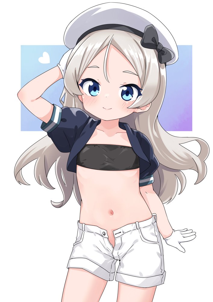 1girl arm_up bandeau black_bow blue_eyes blush bow closed_mouth gloves grey_hair hat heart javelin_(kancolle) kantai_collection long_hair looking_at_viewer nassukun short_shorts short_sleeves shorts simple_background solo white_gloves white_headwear white_shorts