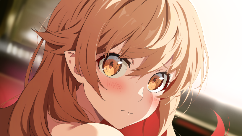 1girl blonde_hair blurry blurry_background blush closed_mouth gesugesu_ahoaho hair_between_eyes kiss-shot_acerola-orion_heart-under-blade kizumonogatari long_hair looking_at_viewer monogatari_(series) oshino_shinobu pointy_ears portrait sidelighting solo turning_head yellow_eyes