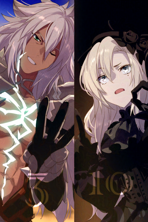 1boy 1girl armor black_headwear breasts dress echo_(circa) fate/grand_order fate_(series) funeral_dress green_eyes grey_eyes grey_hair husband_and_wife kriemhild_(fate) long_hair open_mouth pointing shoulder_armor siegfried_(fate) white_hair