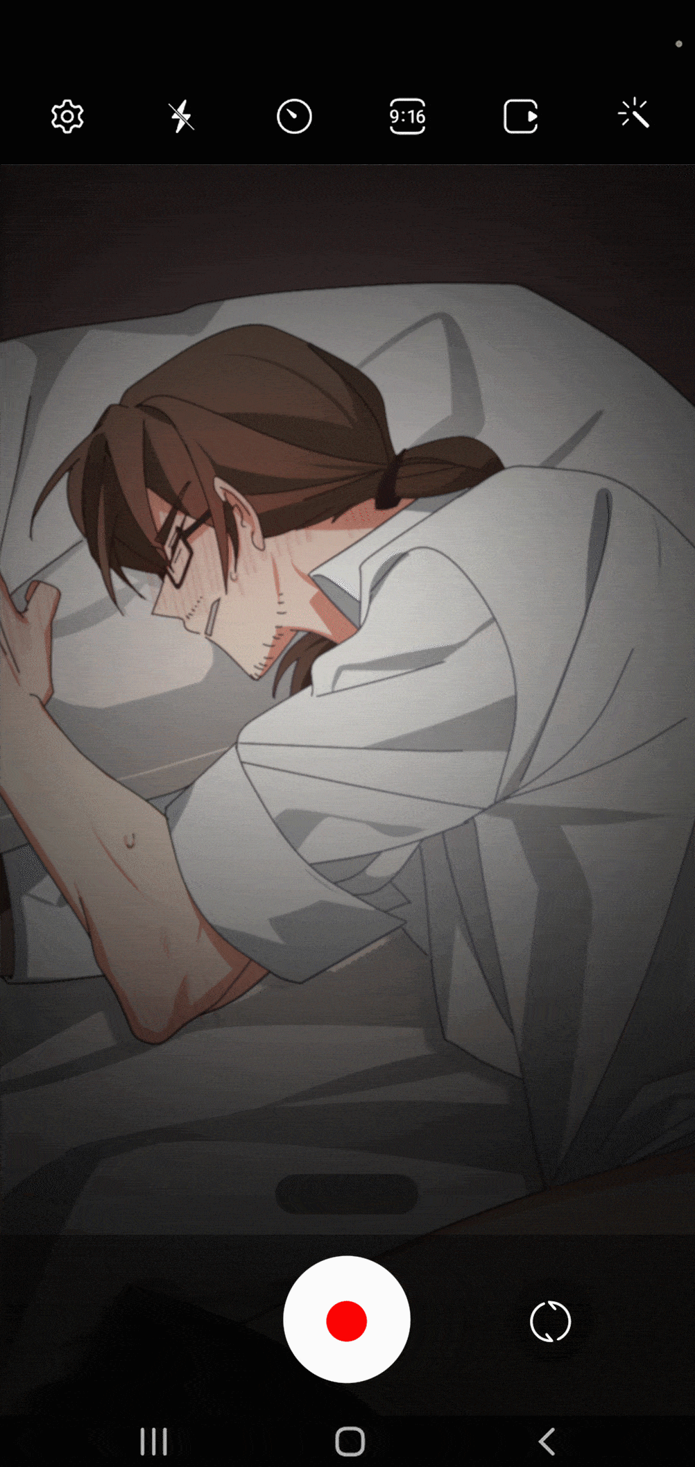 1boy animated animated_gif brown_hair commu20 facial_hair glasses gregor_(limbus_company) highres implied_anal implied_sex limbus_company male_focus on_bed pillow ponytail project_moon sweat yaoi