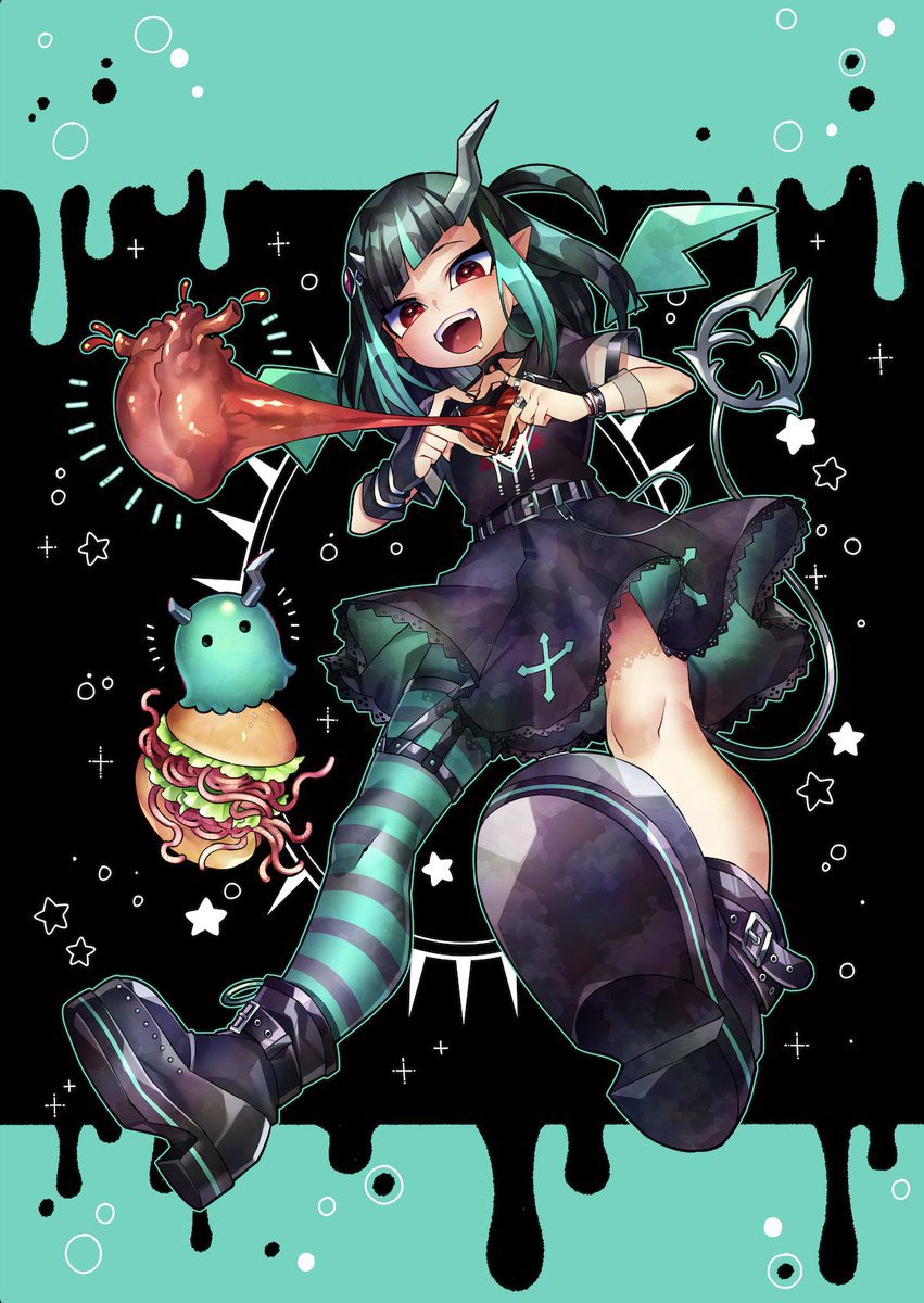 1girl artist_request belt black_belt black_dress black_footwear black_hair blue_hair blue_pantyhose blunt_bangs blush boots burger commentary_request cross_print demon_girl demon_horns demon_tail diagonal_bangs dress eye_hair_ornament flat_chest food full_body grey_pantyhose heart heart_(organ) heart_hands highres horns long_hair looking_at_viewer moe_moe_kyun! multicolored_hair nanashi_inc. official_art one_side_up open_mouth pantyhose pointy_ears print_dress red_eyes shishio_chris shishio_chris_(3rd_costume) short_sleeves single_leg_pantyhose smile solo striped striped_pantyhose tail too_literal two-tone_hair umbrella_octopus virtual_youtuber worm wristband