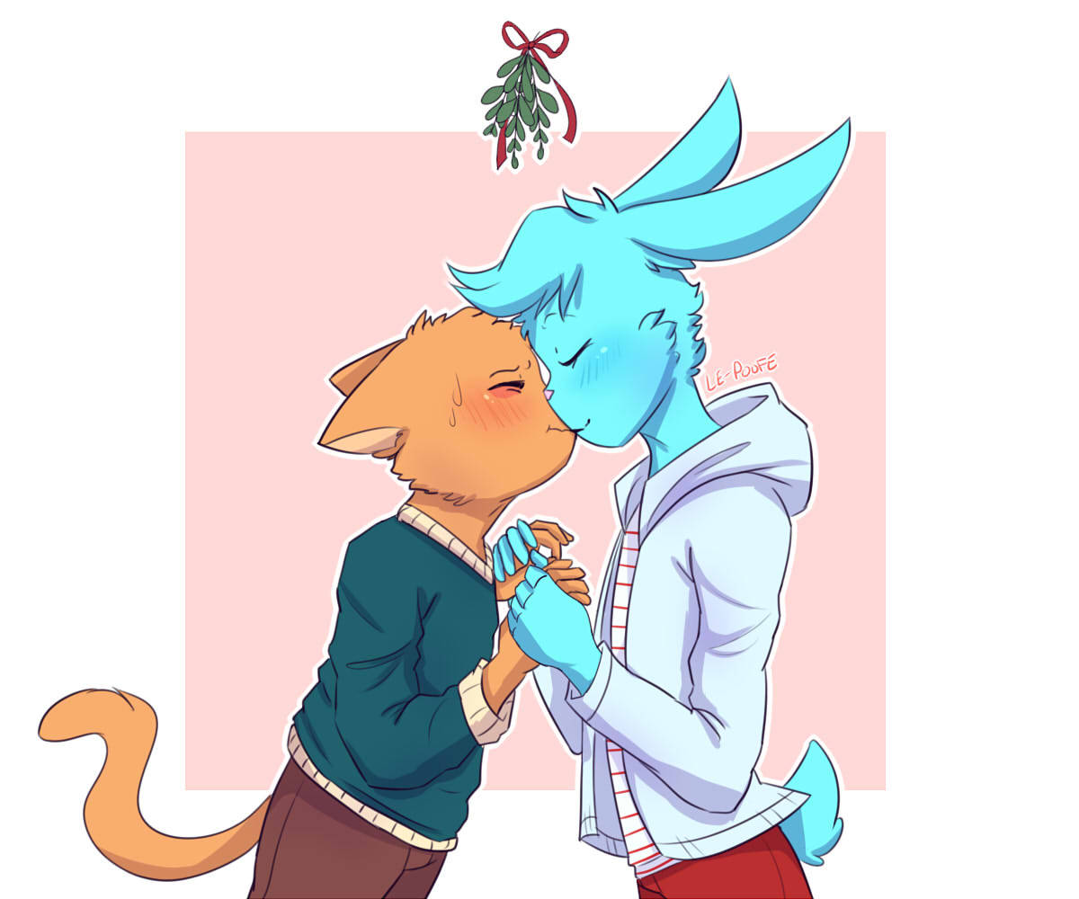 anthro burgerpants domestic_cat duo felid feline felis hand_holding kissing lagomorph le-poofe leporid male male/male mammal mistletoe nicecream_man plant rabbit undertale undertale_(series)