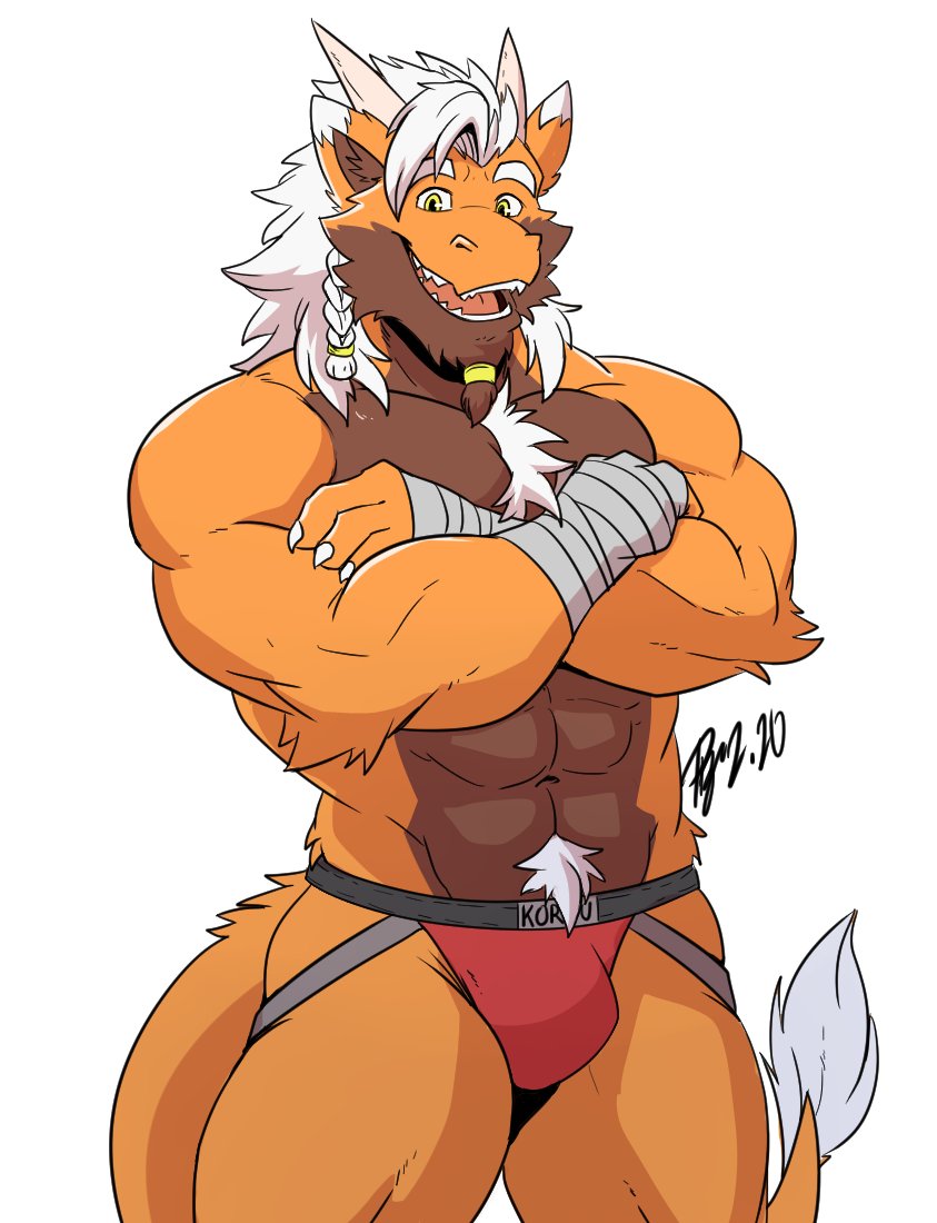 abs anthro biceps body_hair bulge chest_tuft claws clothed clothing dragon facial_hair fangs fingers fur furred_dragon hair horn jockstrap jockstrap_only koru lofnirv looking_at_viewer male muscular muscular_anthro muscular_male orange_body orange_fur scalie simple_background smile solo tail tail_tuft teeth topless tuft underwear underwear_only white_background white_hair