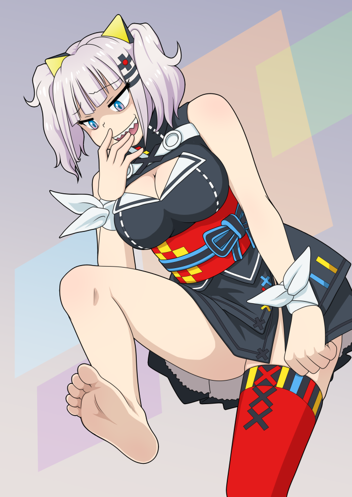 1girl barefoot black_dress blue_eyes breasts cleavage cleavage_cutout clothing_cutout commentary_request dress dress_tug feet grey_hair hair_ornament hairclip hand_to_own_mouth iromeki_overdrive kaguya_luna large_breasts leg_up medium_hair obi open_mouth red_sash red_thighhighs ribbon sash sharp_teeth simple_background single_thighhigh skindentation sleeveless sleeveless_dress smile smirk soles solo standing standing_on_one_leg teeth the_moon_studio thighhighs toes twintails upper_teeth_only virtual_youtuber white_ribbon wrist_ribbon