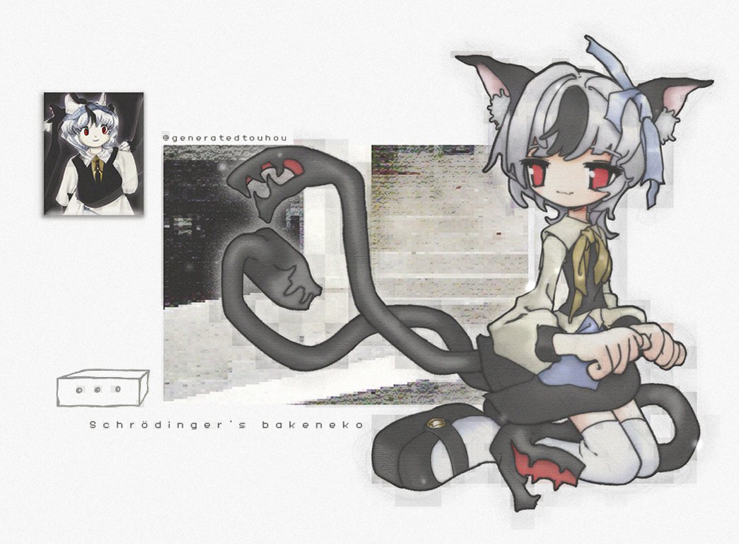 1girl ai-assisted animal_ears black_skirt black_vest cat_ears cat_girl cat_tail collared_shirt english_text grey_hair ha4to kneeling long_sleeves mary_janes multiple_tails original red_eyes shirt shoes short_hair skirt solo tail tail_mouth thighhighs touhou vest white_thighhighs