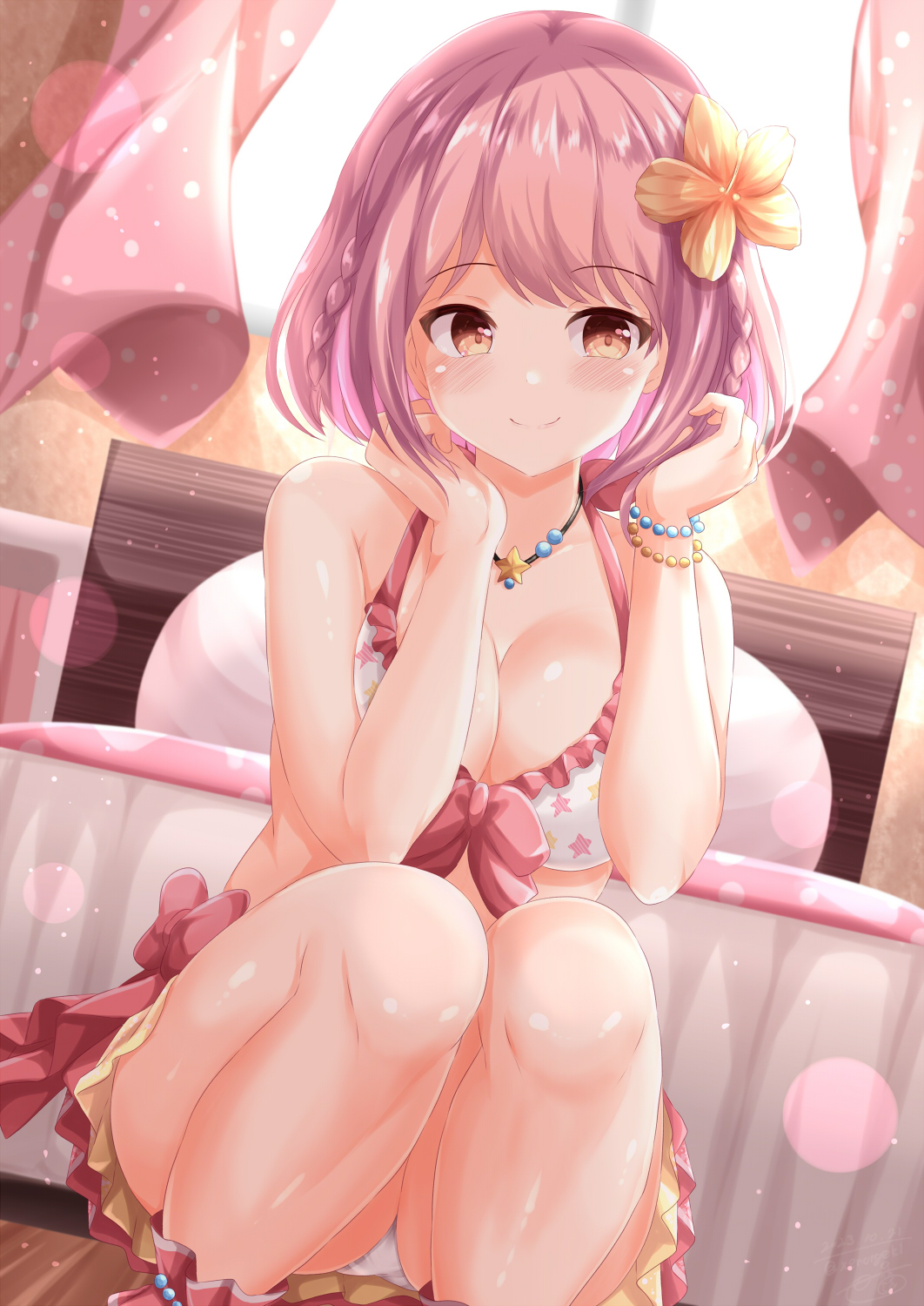 1girl bare_arms bare_shoulders bed bikini blush bow breasts brown_eyes cleavage closed_mouth collarbone commentary_request curtains day feet_out_of_frame flower frilled_bikini frills hair_flower hair_ornament hands_up highres hoshizaki_akari indoors jewelry large_breasts looking_at_viewer necklace ongeki pillow pink_bow pink_eyes smile solo squatting star_(symbol) star_necklace sunlight swimsuit white_bikini window wooden_floor xenon_(for_achieve) yellow_flower