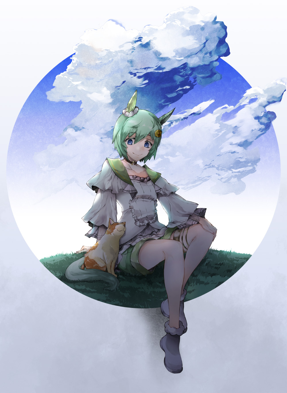 1girl animal_ears blue_eyes blue_sky boots closed_mouth cloud cloudy_sky commentary_request dress ear_covers frilled_dress frills fur-trimmed_footwear green_hair highres horse_ears horse_girl long_sleeves on_grass on_ground outdoors seiun_sky_(umamusume) short_hair shorts single_ear_cover sitting sky smile solo thigh_strap umamusume white_dress white_footwear white_shorts yumemitsuki_(hagakure)